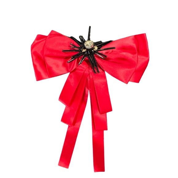 Jewelry - Shiny Red Bow Brooch with Black Embellishment